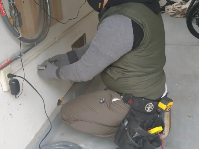Electrician performing outlet wiring in a Roscommon garage